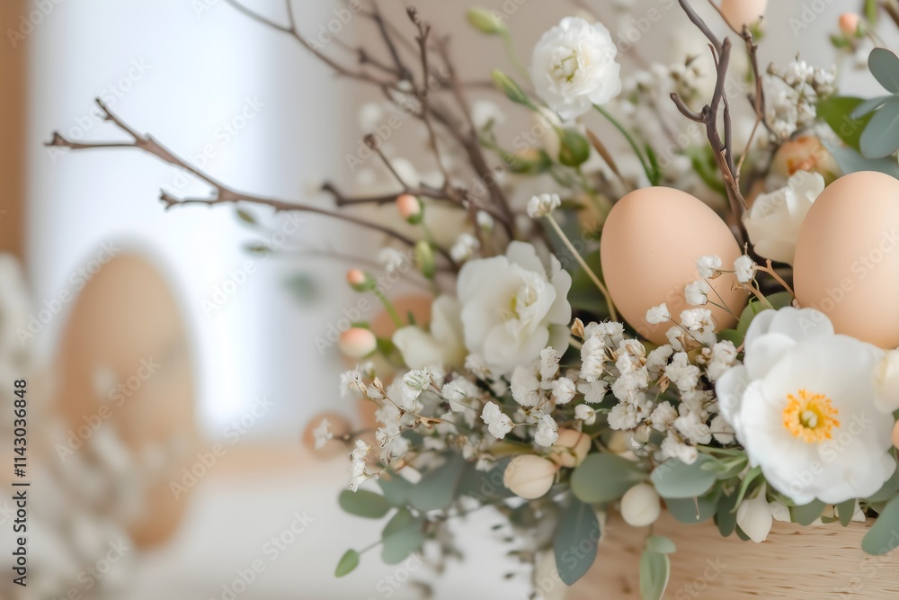 White roses in wicker basket with speckled Easter eggs, spring celebration concept for holiday decor and social media content. Ideal for floral shops, event planning and seasonal retail displays. White roses in wicker basket with speckled Easter eggs, spring celebration concept for holiday decor and social media content. Ideal for floral shops, event planning and seasonal retail displays.