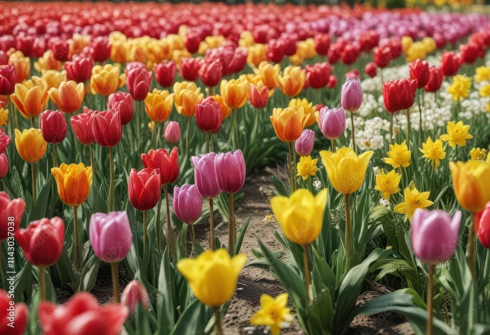 Close-up shot of colorful tulips and daffodils , spring flowers, spring season Close-up shot of colorful tulips and daffodils , spring flowers, spring season