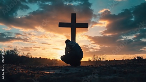 A man kneeling in front of a large wooden cross, praying with his head bowed at sunset. 