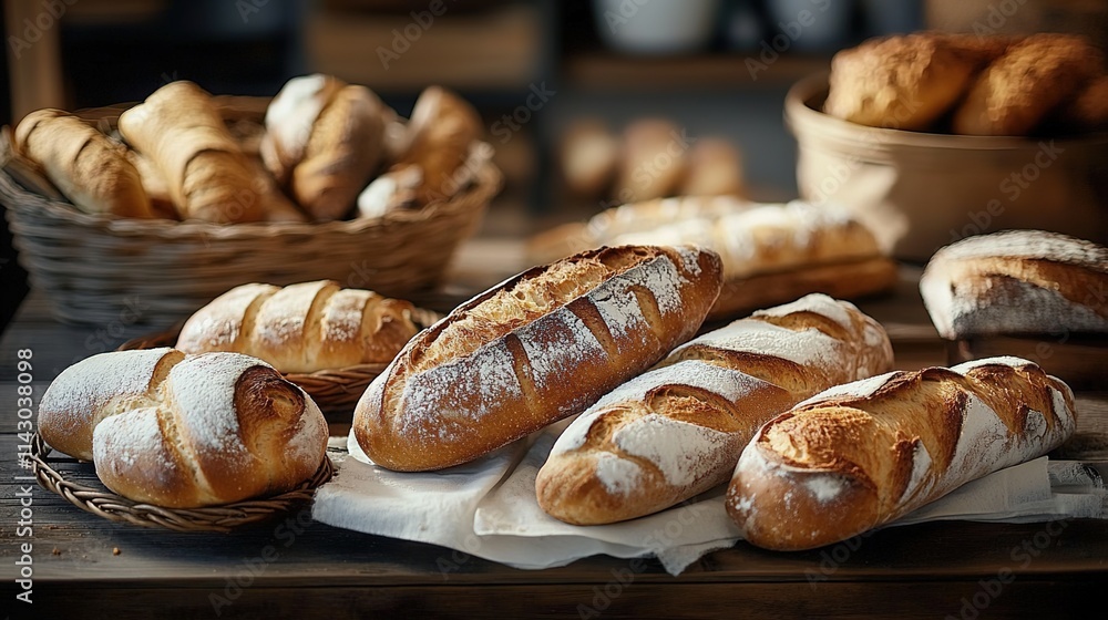 A basket of freshly baked bread and baguettes on an old wooden table, with other types of loaves in the background. A basket of freshly baked bread and baguettes on an old wooden table, with other types of loaves in the background.