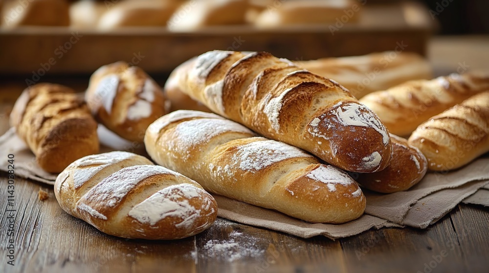 A basket of freshly baked bread and baguettes on an old wooden table, with other types of loaves in the background. A basket of freshly baked bread and baguettes on an old wooden table, with other types of loaves in the background.