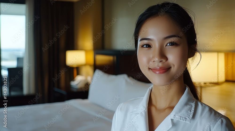 A woman standing in front of a bed in a hotel room A woman standing in front of a bed in a hotel room