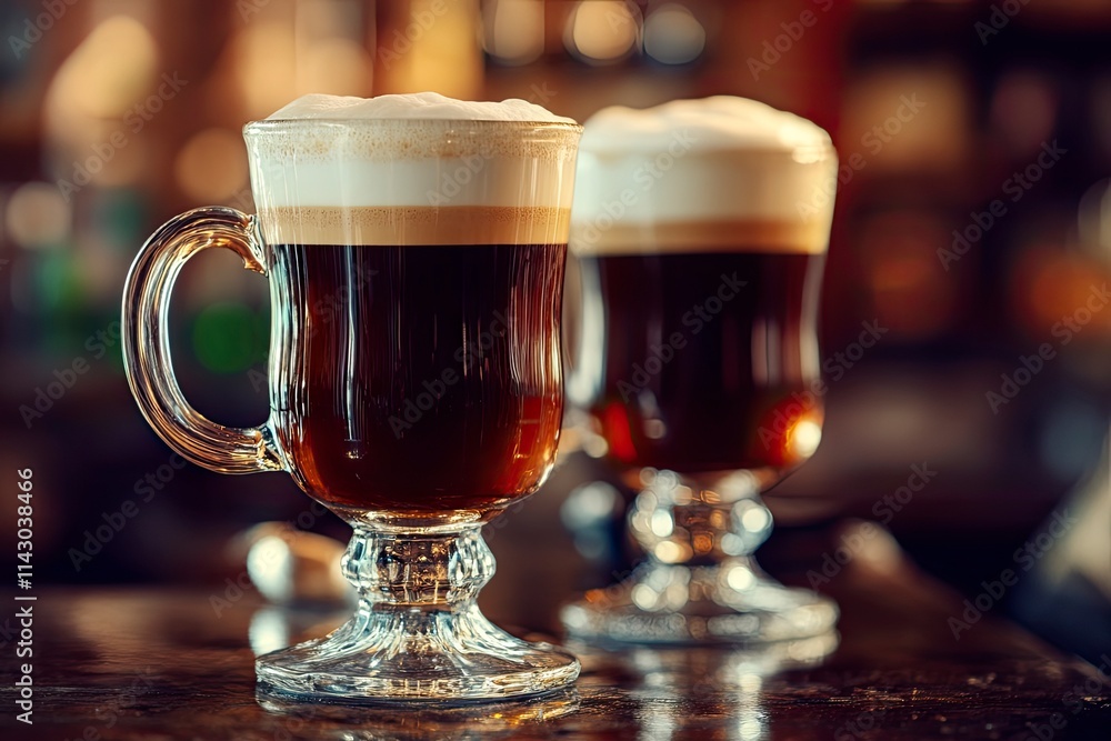 Irish coffee in a bar. Concept of St Patrick holiday. Holiday background. Irish national day. Warm tone. Square Irish coffee in a bar. Concept of St Patrick holiday. Holiday background. Irish national day. Warm tone. Square