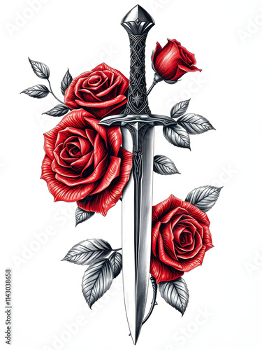 A rose and a sword are drawn together