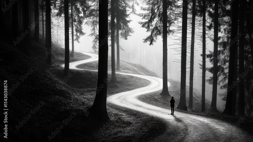 Naklejka premium Solitary figure walking winding path through misty forest.