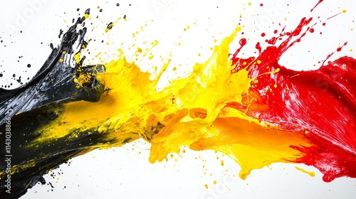 A red, yellow and black paint splatter on a white background