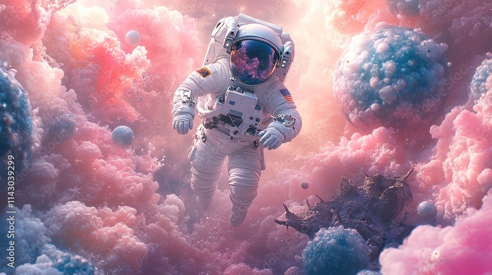 Astronaut floats amidst vibrant, surreal pink and blue nebula clouds. Astronaut floats amidst vibrant, surreal pink and blue nebula clouds.