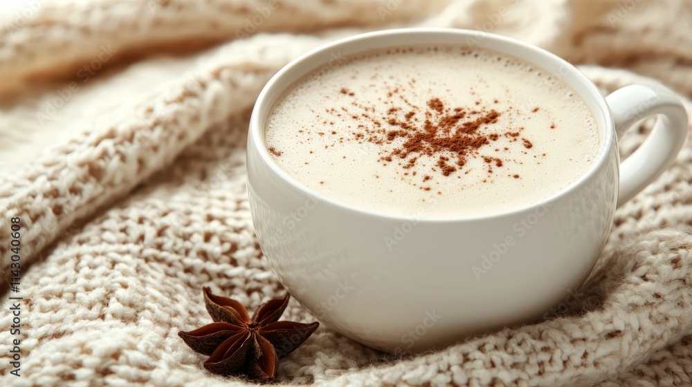 A cup of hot chocolate with cinnamon and anise on a knitted blanket A cup of hot chocolate with cinnamon and anise on a knitted blanket