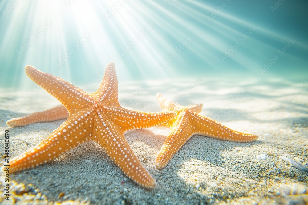 Two starfish on sunny beach with rays of light piercing water. Two starfish on sunny beach with rays of light piercing water.