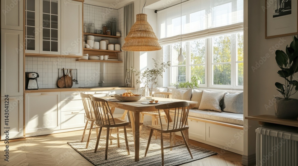 Fototapeta premium Sunlit kitchen with wooden table, chairs, and window seat.