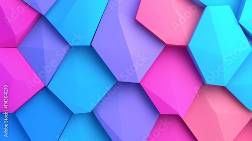 A glowing, blue and pink polygonal surface adorned with tetrahedrons. A neon, futuristic 3D wallpaper. photo