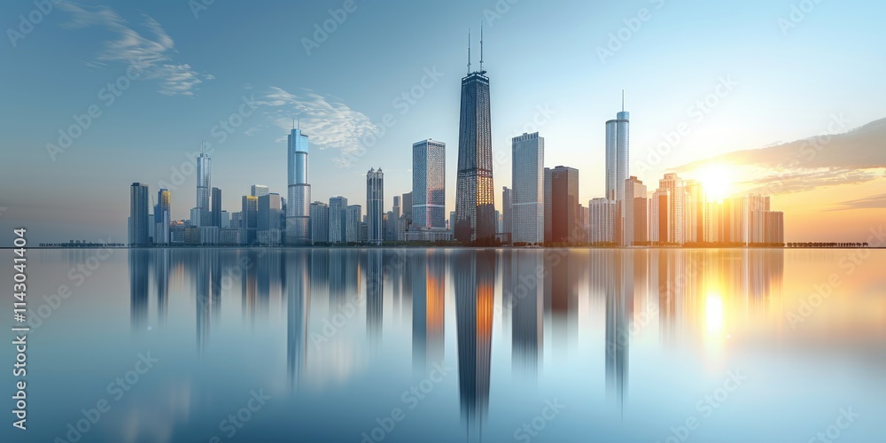 Stunning skyline at sunrise reflecting on calm waters in a vibrant cityscape Stunning skyline at sunrise reflecting on calm waters in a vibrant cityscape