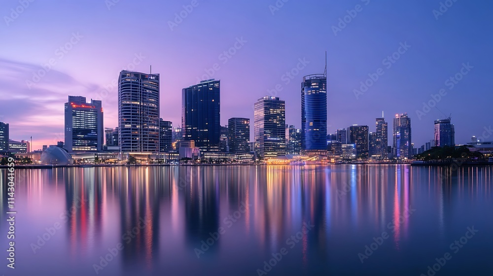 City skyline reflected in calm water at twilight. City skyline reflected in calm water at twilight.