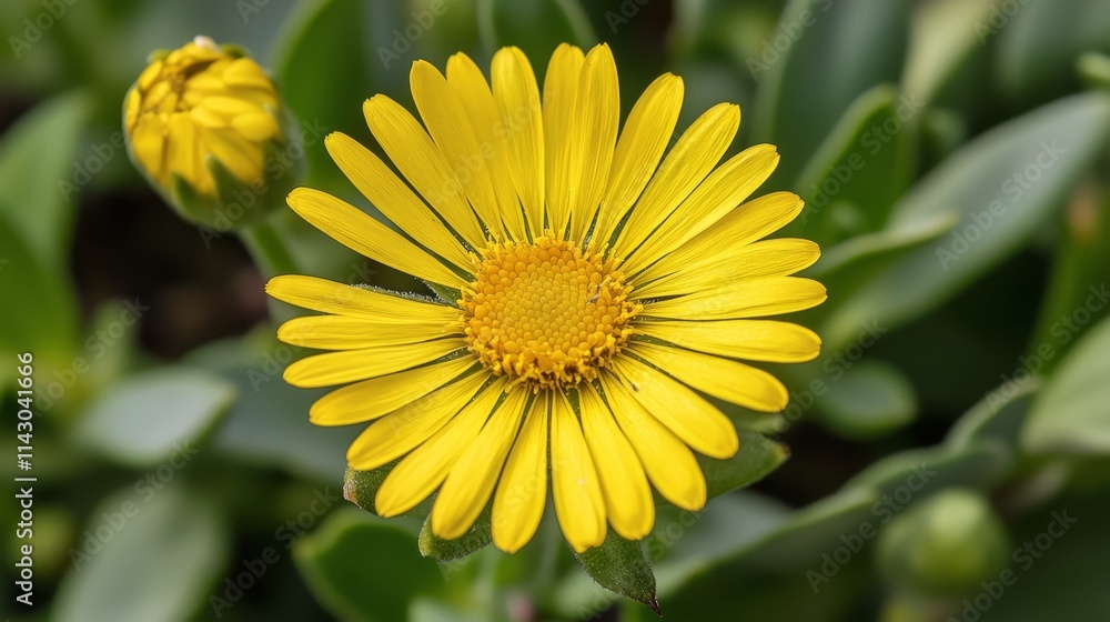 A yellow flower with green leaves in the background A yellow flower with green leaves in the background