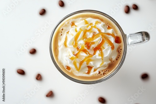 latte coffee with whipped cream with caramel in glass, glass handle, irregular caramel, top view, white background 