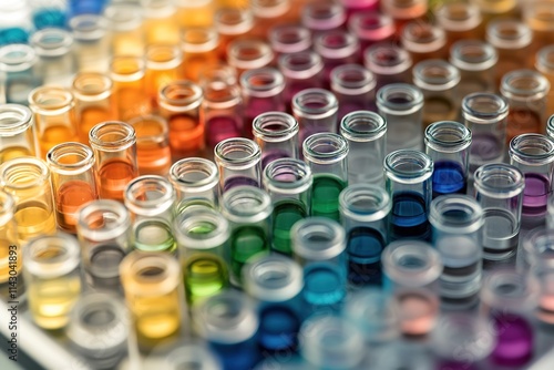 Array of colorful laboratory test tubes in scientific research.