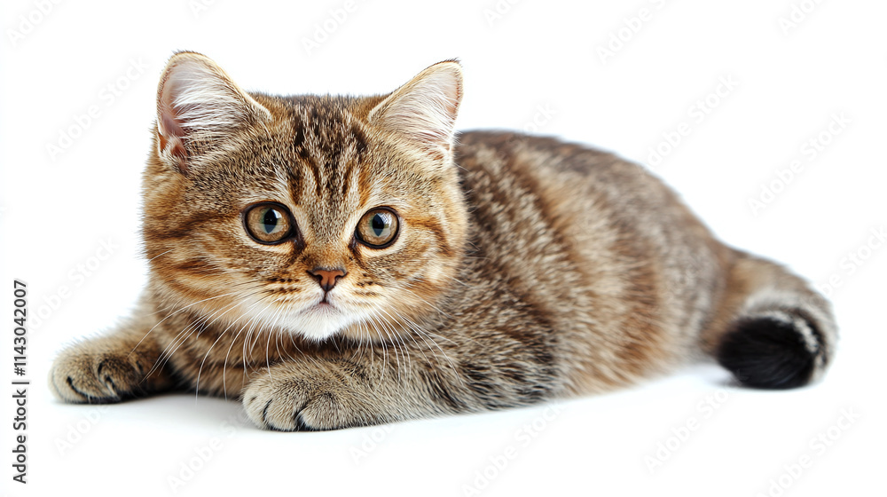 Obraz premium Brown scottish british shorthair cat breed isolated on white background. fluffy adorable cute domestic pet animal, funny beautiful tabby kitty kitten fur, furry, eye, whisker.