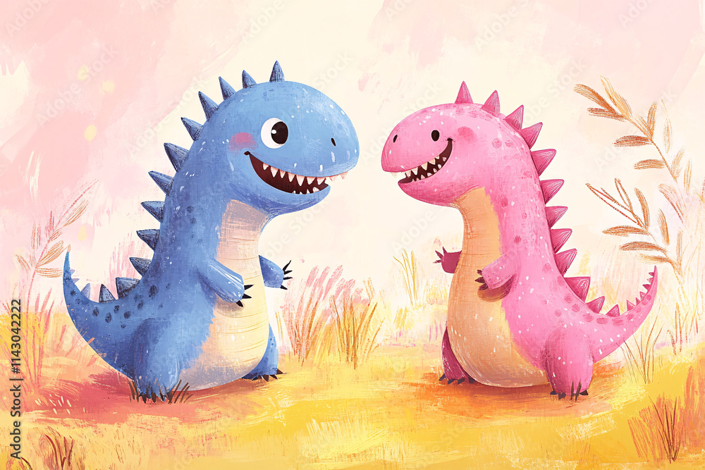Two smiling cartoon dinosaurs in blue and pink standing in a grassy field with a pastel background evoking happiness and fun
Two smiling cartoon dinosaurs in blue and pink standing in a grassy field with a pastel background evoking happiness and fun
