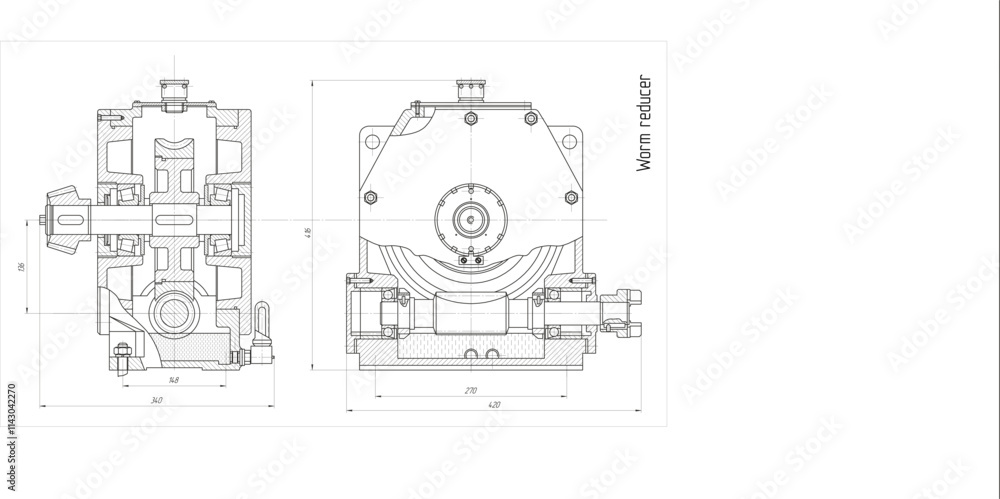Obraz premium Assembly drawing of electrical reducer. Vector design of steel mechanical device with shaft, worm gear, electric engine, bolt connection and dimension lines. Engineering technic computer cad scheme.