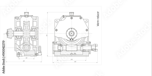 Assembly drawing of electrical reducer.
Vector design of steel mechanical device with shaft, worm gear, 
electric engine, bolt connection and dimension lines.
Engineering technic computer cad scheme.