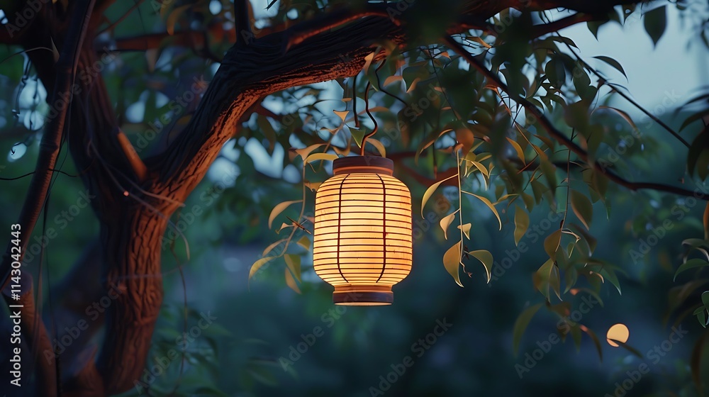 A glowing lantern hanging from a tree branch at twilight A glowing lantern hanging from a tree branch at twilight