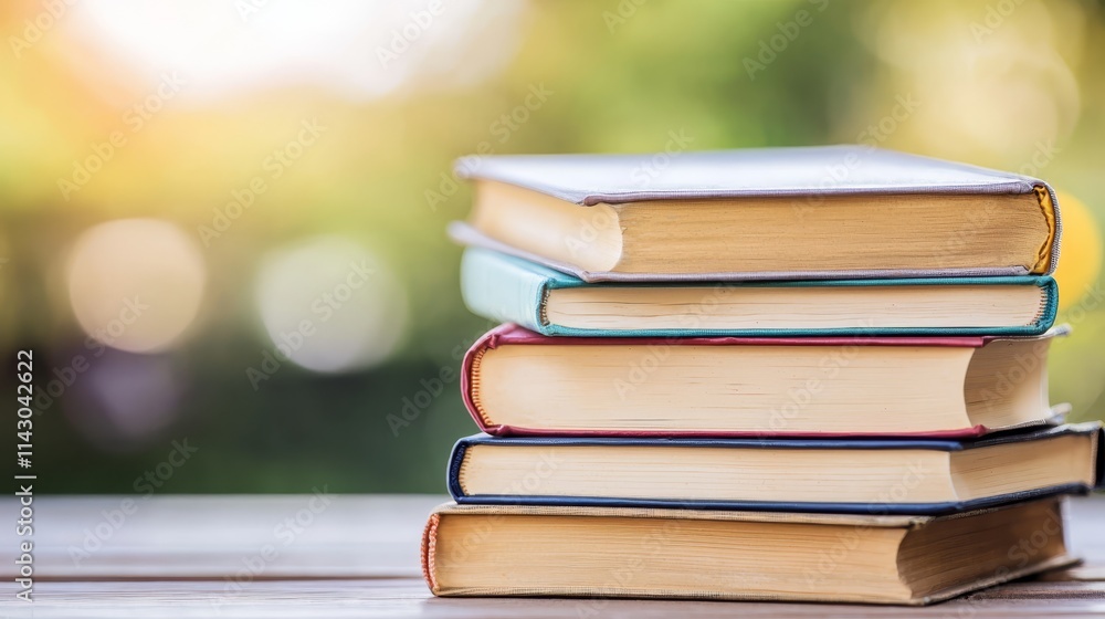 Fototapeta premium A stack of books sitting on top of a wooden table