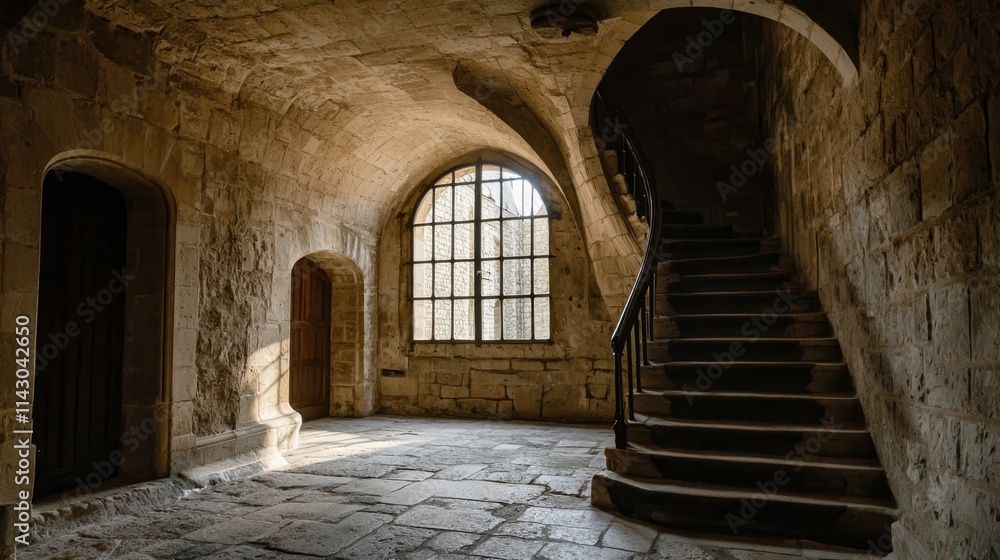 Obraz premium A stone stairway leading to a window in an old building