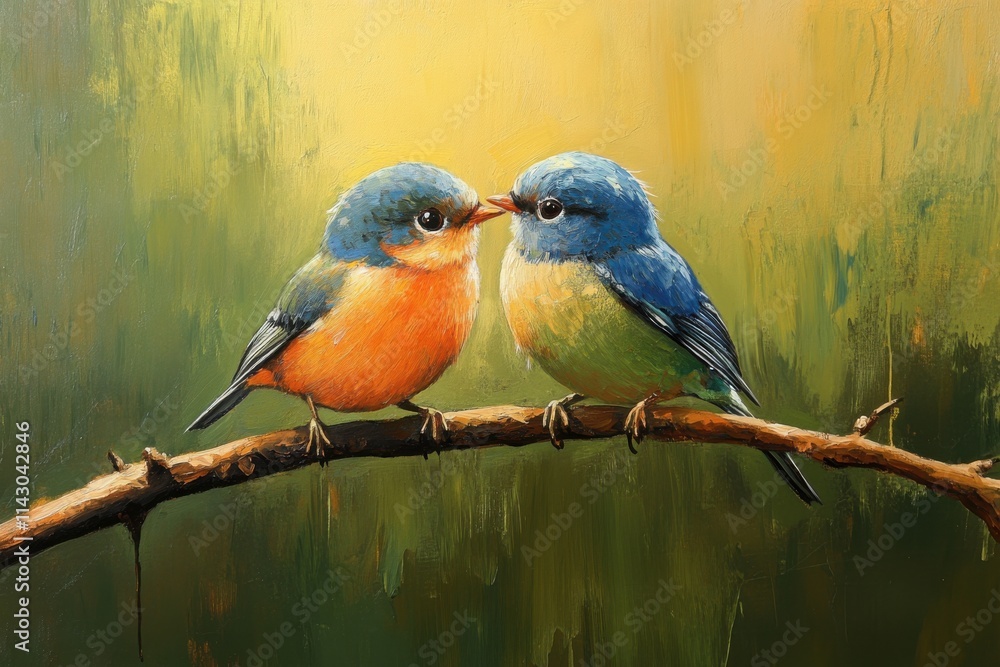 Obraz premium Birds in love sitting closely together on a tree branch during sunset.