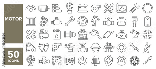 Set of 50 line icons related to motor, electric, automotive, spare, repair, machinery, turbine, gear, compressor, engine, Editable stroke. Vector illustration