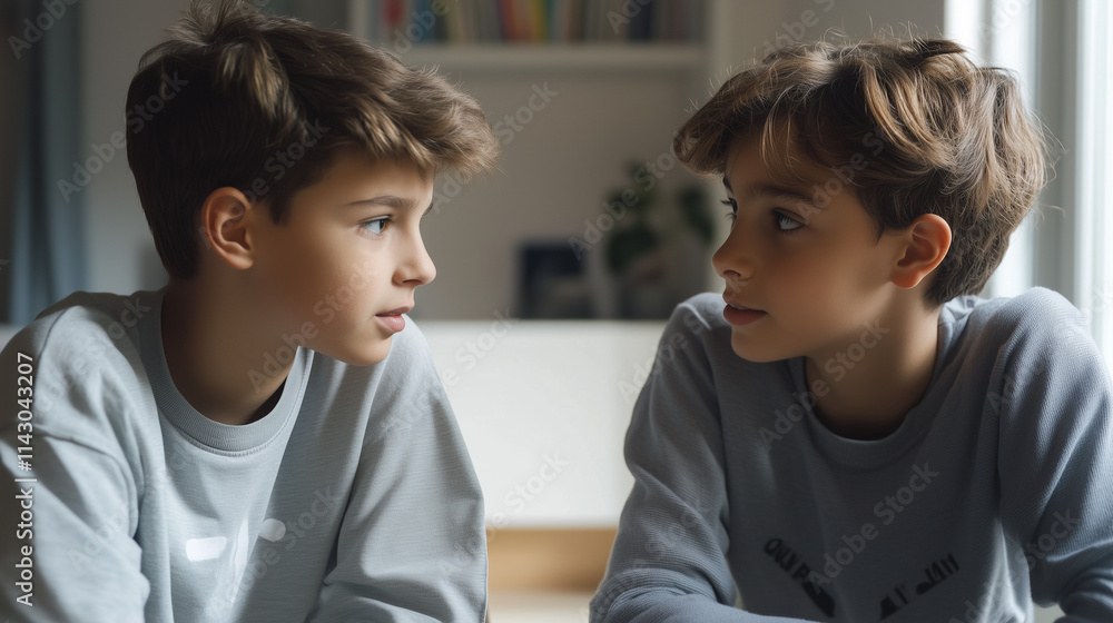 Two young boys in casual clothing having a thoughtful conversation indoors Two young boys in casual clothing having a thoughtful conversation indoors
