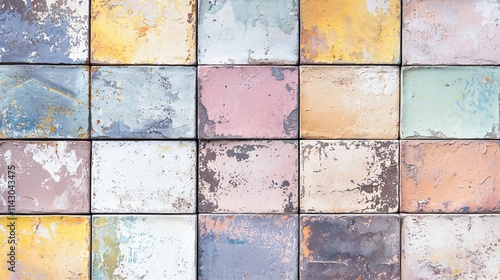A wall of colorful tiles with peeling paint on them