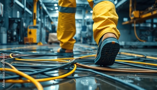 Worker in yellow uniform walks across wet factory floor. Cables scattered creating tripping hazard. Unsafe conditions exist. Industrial workplace shows maintenance issues. Focus on safety, risks.