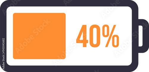 Simple battery icon featuring an orange indicator displaying a 40 percent charge, symbolizing partial power availability on various digital devices like phones, laptops, and tablets