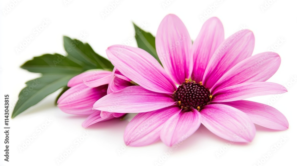 A pink flower with green leaves on a white background A pink flower with green leaves on a white background