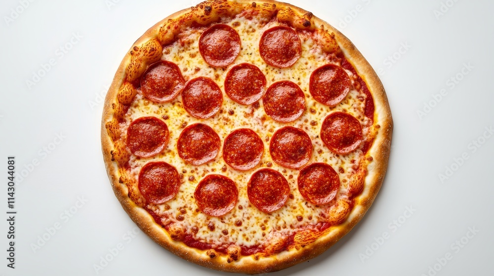 A pepperoni pizza on a white surface