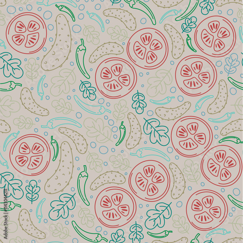 Seamless pattern doodle vegetables on dark background. Red and green pepper, hot chili, tomatoes, jalapeno, paprika, seeds, herbs. Vegetables cut half, piece. Farm products. Hand drawn illustration