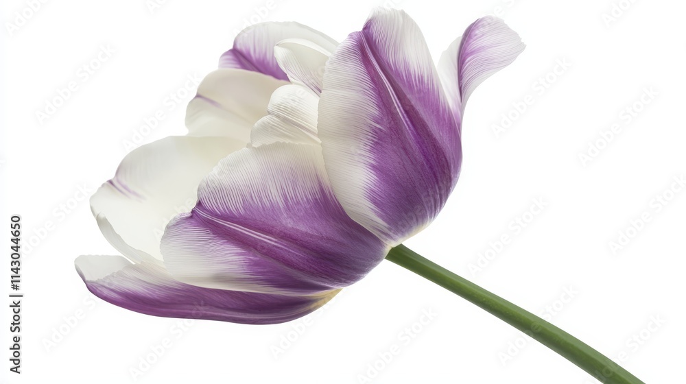 Fototapeta premium A single purple and white tulip on a white background