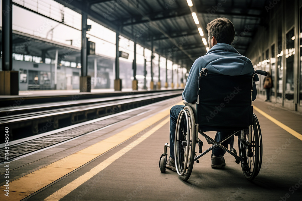 Man in a wheelchair waiting for public transportation made with generative AI Man in a wheelchair waiting for public transportation made with generative AI