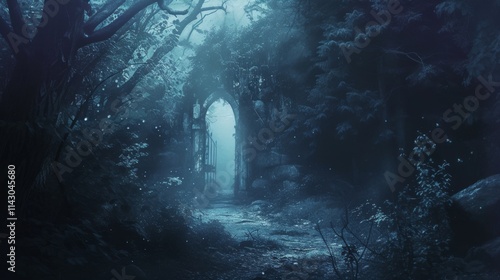 A fantasy-inspired forest pathway leading to a mystical gate under a dreamy moonlit haze, shrouded in enchantment and mystery. Perfect for storytelling visuals. AI generated. photo