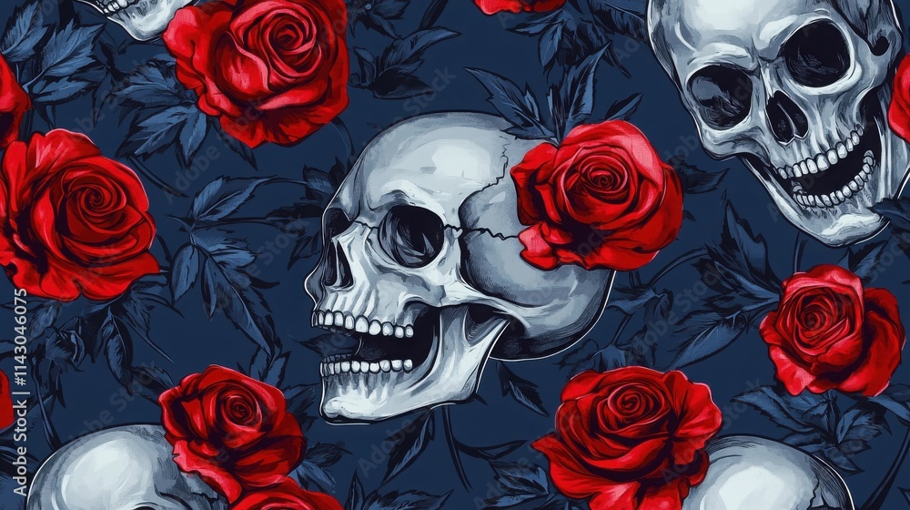 A dark and moody seamless pattern featuring skulls and crimson roses. The detailed artwork creates a striking contrast of life and death. A dark and moody seamless pattern featuring skulls and crimson roses. The detailed artwork creates a striking contrast of life and death.