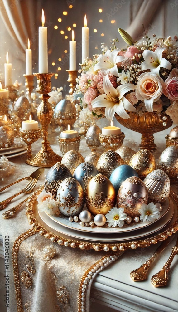 Luxurious Easter Table Setting with Gold and Silver Eggs and Elegant Flowers Luxurious Easter Table Setting with Gold and Silver Eggs and Elegant Flowers