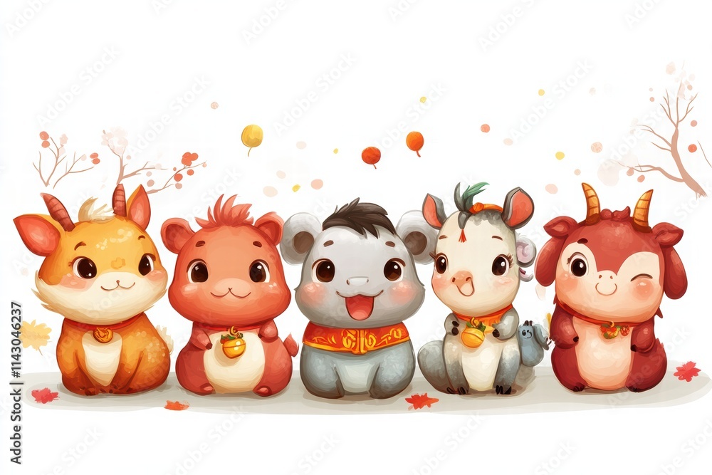 Naklejka premium Cute animal characters celebrate Chinese New Year with cheerful expressions and decorations