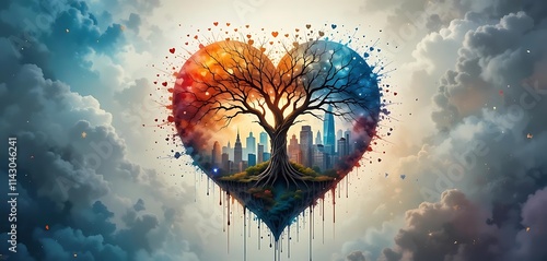  heart-shaped cityscape, Tree of life, Vibrant watercolor splashes, Urban skyline within heart, Colorful abstract art, Dripping paint effect