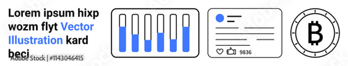 Horizontal bar graph, social media card with thumbs ups, Bitcoin cryptocurrency coin. Ideal for financial analytics, technology integration, digital marketing, social media, cryptocurrency, business