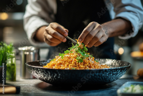 Indian chef artfully garnishing a delicious biryani in a bustling kitchen. Generative AI photo