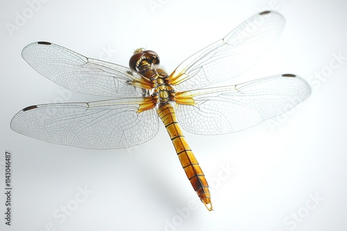Close-up of dragonfly on white, details of wings and body visible