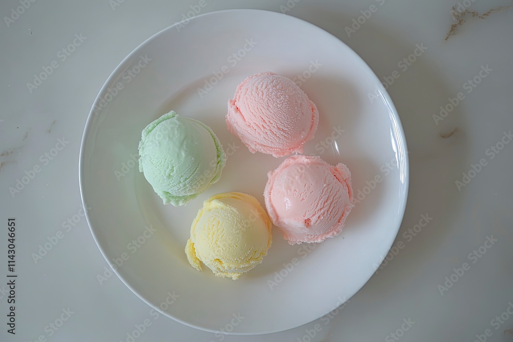 Pastel colored ice cream scoops on white plate, top view. Pastel colored ice cream scoops on white plate, top view.