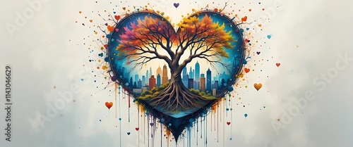  heart-shaped cityscape, Tree of life, Vibrant watercolor splashes, Urban skyline within heart, Colorful abstract art, Dripping paint effect