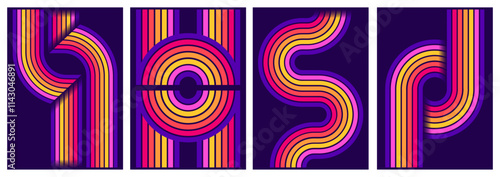retrofuturism poster design in trend retro line style and neon colors on black dark background. modern art wall poster retro vintage 70s style stripes background template lines shapes vector design