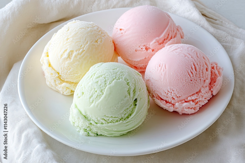 Pastel colored ice cream scoops on white plate, top view. Pastel colored ice cream scoops on white plate, top view.